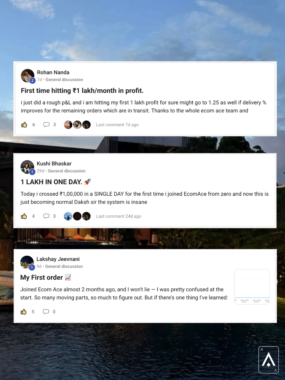 EcomAce community results including 150 orders in one month, first 12 sales, and 397 orders